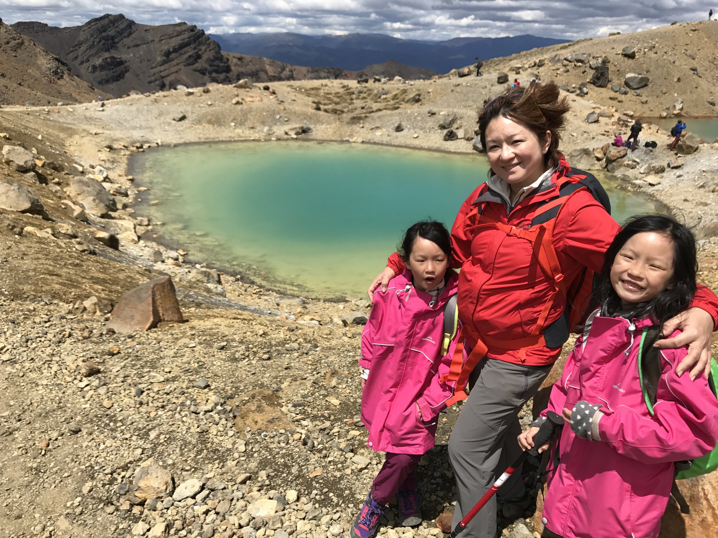 The gals at Emerald Lakes - a welcome sight and respite after the descent from Red Crater.