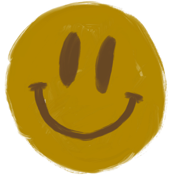 A yellow smiley face with dark oval eyes and a curved smile.