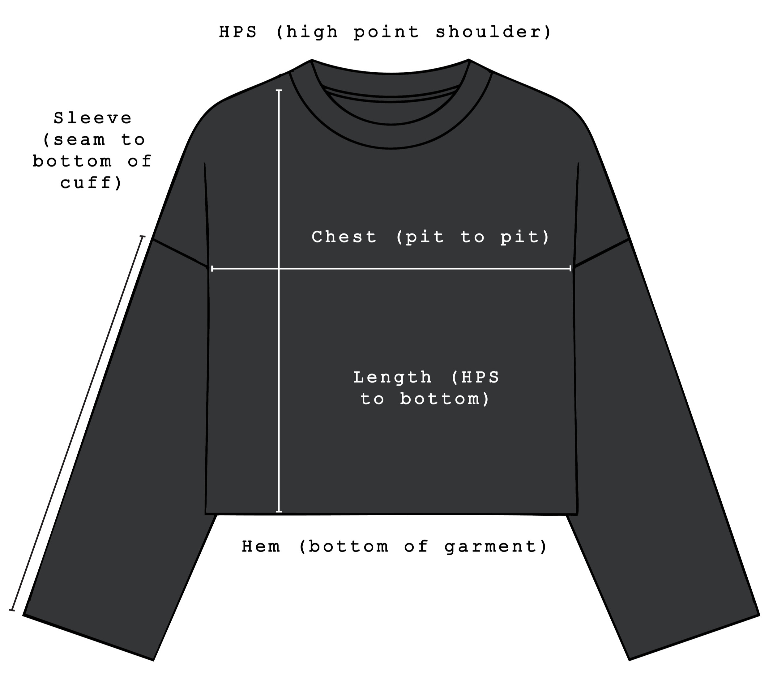 Diagram of grey Long sleeve showing 'How to Measure' from high point shoulder, hem, sleeve and chest.