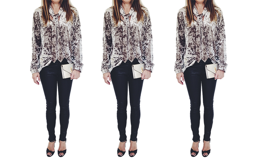 Velvet Grey Blouse Silver YSL Clutch.png