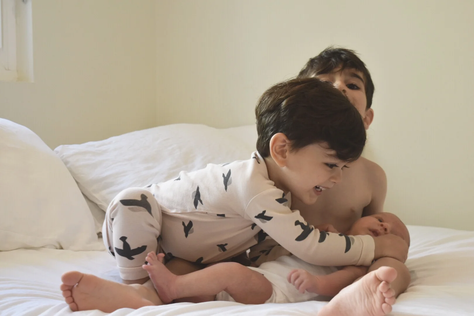 Brothers Ryan and Leo playing with newborn baby brother Max on bed. These toddlers and baby are sons of El Abad, founder of Land of Mom.