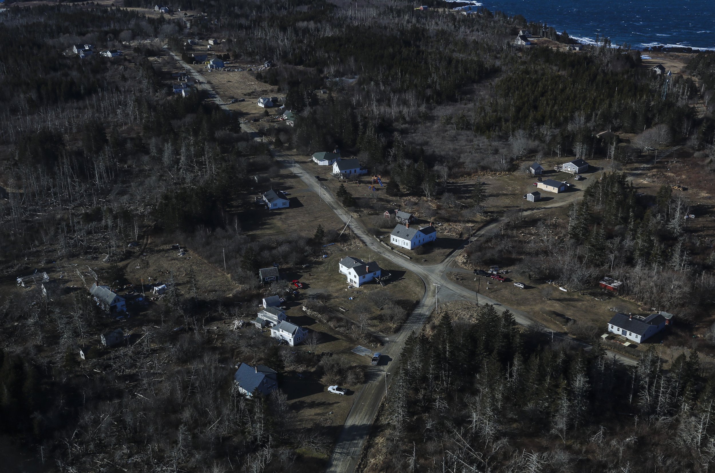  The main intersection of Matinicus where the school and town hall are located on March 3, 2021. The island is 20 miles off the Maine coast. The mission chartered a small, single-prop plane for a wind-tossed ride to the short, dirt runway at Matinicu