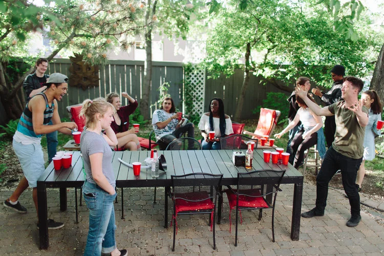 Everyone We Know Will Be There: a House Party in One Act by Elena Belyea. Directed by Andrew Ritchie. (front row: Diego Streidel, Eva Foote, Gabe Richardson, back row: Ensemble actors) Produced by Tiny Bear Jaws. Tour presented by Swallow-A-Bicycle and NestFest. 2017.