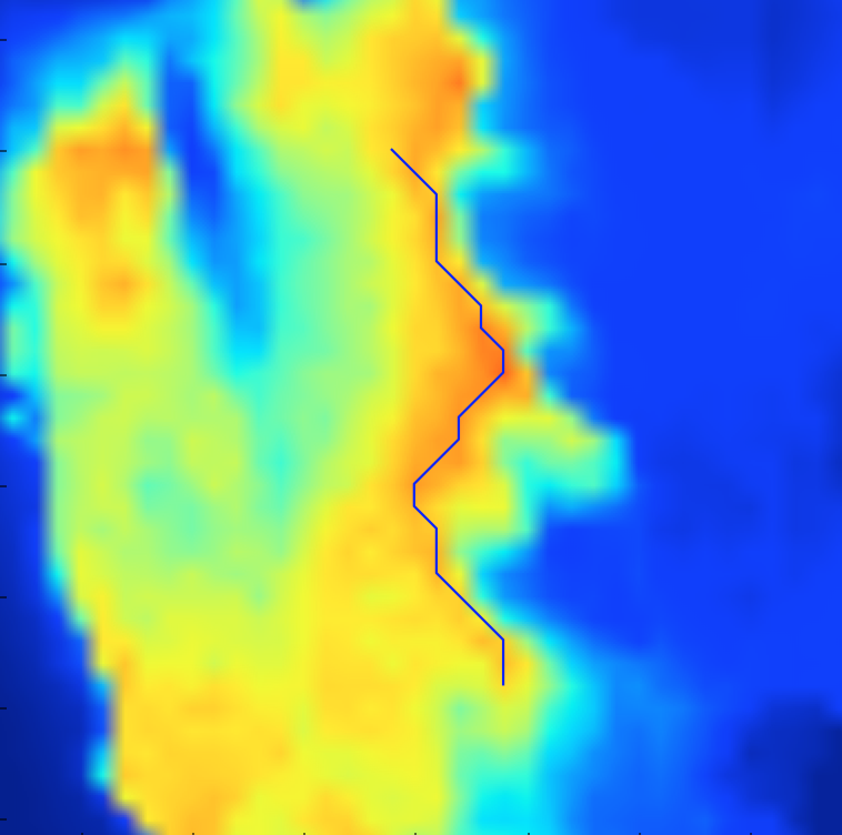 Hcrit and calculated best route from Release Ranch to Black Mountain. As expected, it suggests a path over the high ground.