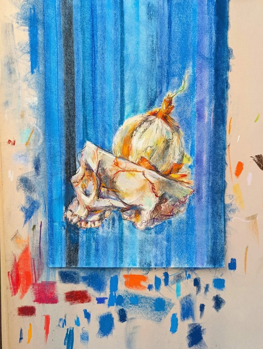 Is this a self portrait in progress? No one knows, certainly not me. But this fun stage of the process gave me these rad colors falling off the paper onto the newsprint and I liked it.

While working on this piece a few days ago I discovered belatedl