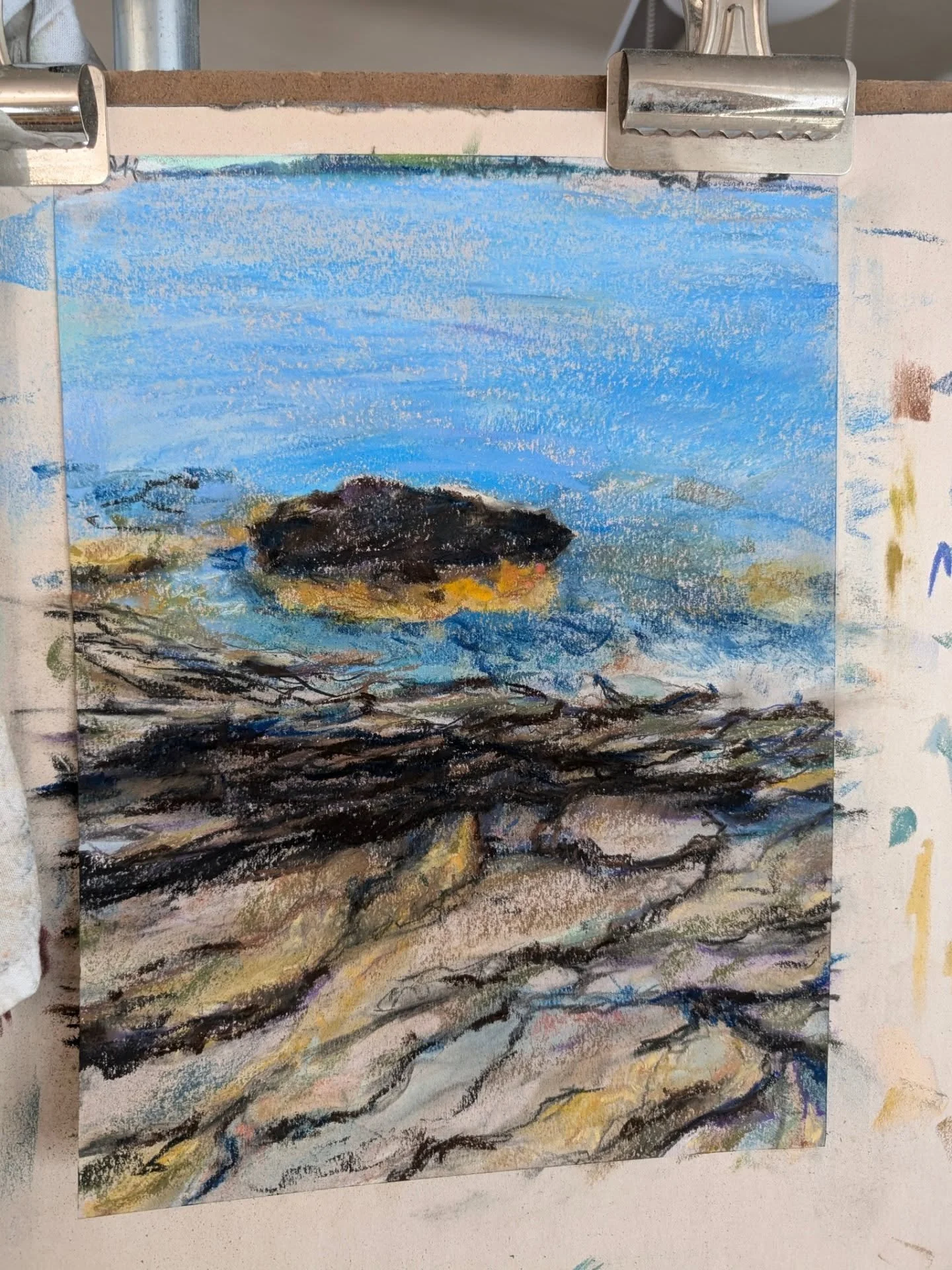 Soft pastel landscape sitting on the easel the last few days, it's almost where I want it 🥂 

This trip to Maine last year was about a lot of things but a secret mission that I didn't stop talking about was wanting to get good references of rocks an