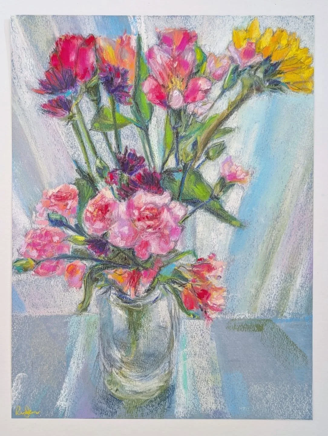 Finished ❤️ Recently I learned warm water is really better for water changes for flowers and also you don't need to use your flower food right away when you get them, and also cut more than you think you should.

Flowers in soft pastel, 9x12 Canson M