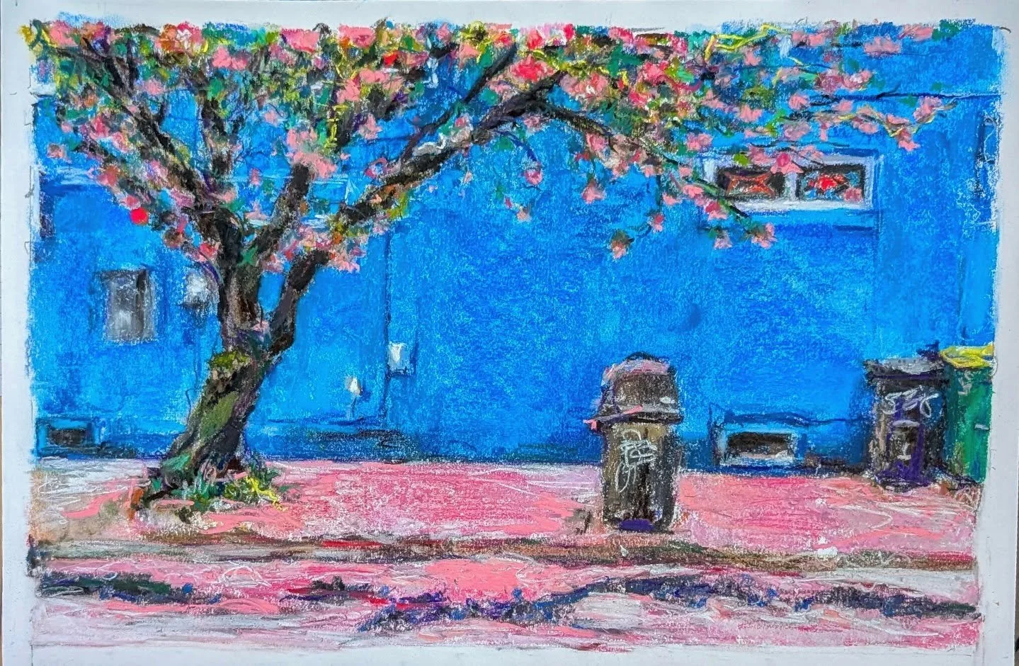 "Local Dive Bar In Spring" or "Pink Tree Sneeze" 2026, 

Soft pastel 11x17(ish) sold - you can see this come together in my highlight marked "speedy easel 2026" where I've got painting processes as time lapse clips!

Wha