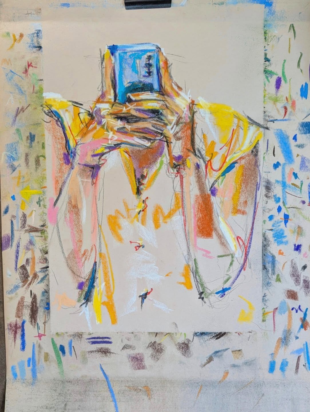 Art Museum Bathroom Selfie - 2026
Soft pastel on newsprint 18x24 

There's something really funny and thoughtful to me to work from phone photos of mirror selfies as self portraits on used paper in one of the most long standing pre oil painting mediu