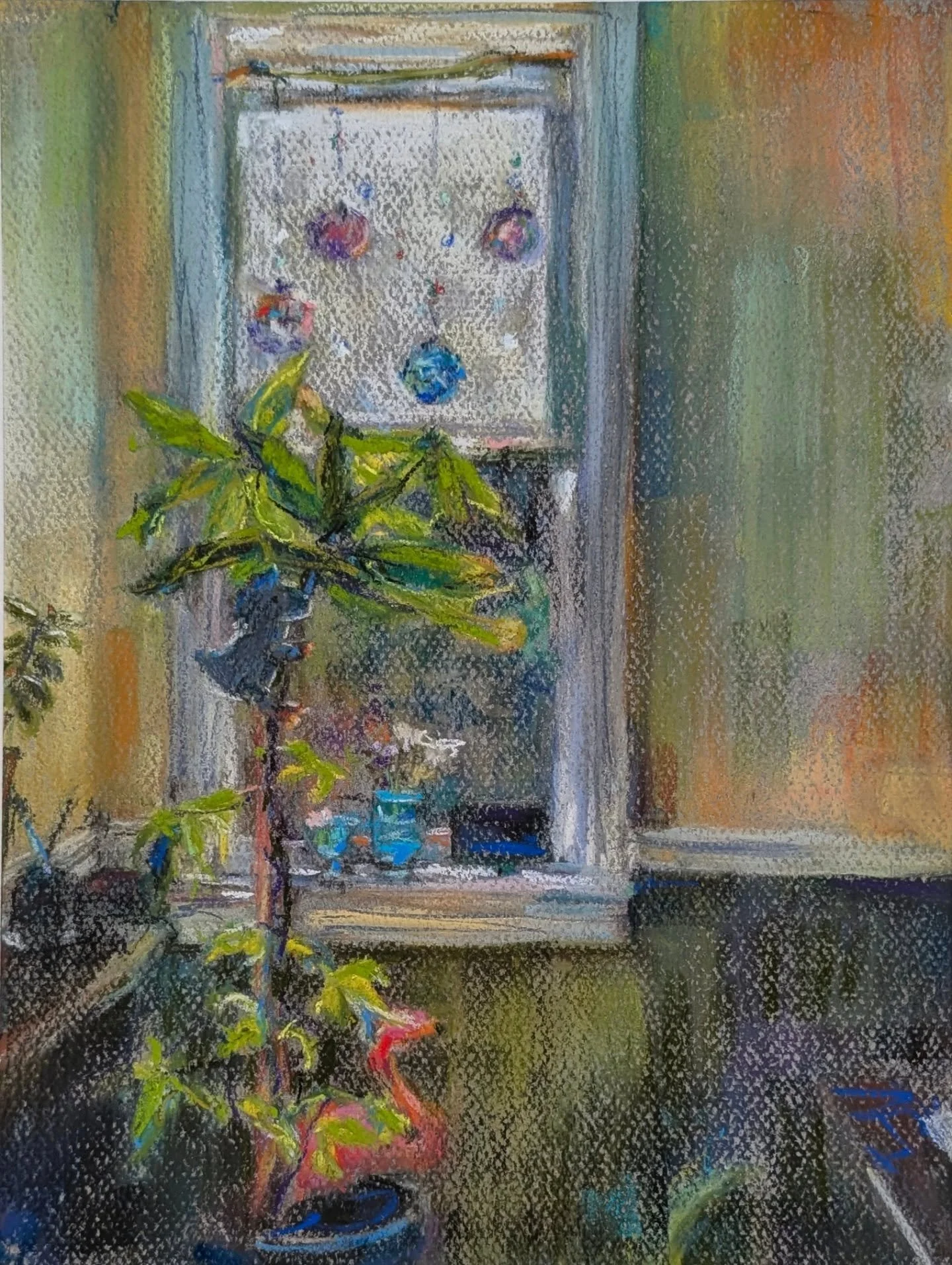 A Rather Light Approach to Decorating - 2026 ( with reference ) soft pastel, 9x12. This is one of my favorite windows in the house we've now lived in for a whole year dang wow time sure does March April May June and so on.

The (money) tree is called