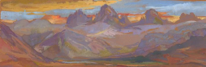 Sunrise Over the Tetons, gouache 3" x 8" unframed, $235