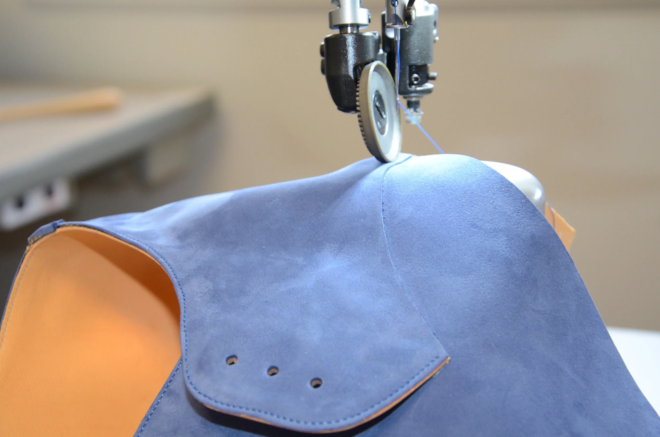 Blue suede upper in the making