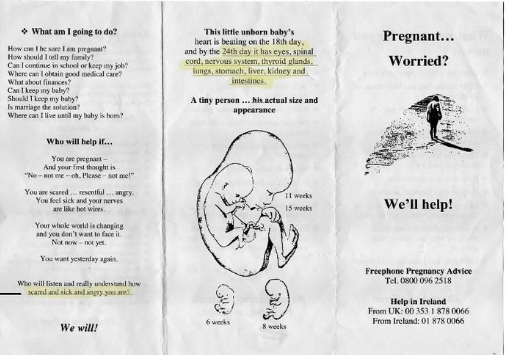 Image of a leaflet handed out outside the Marie Stopes Clinic in Ealing in 2018