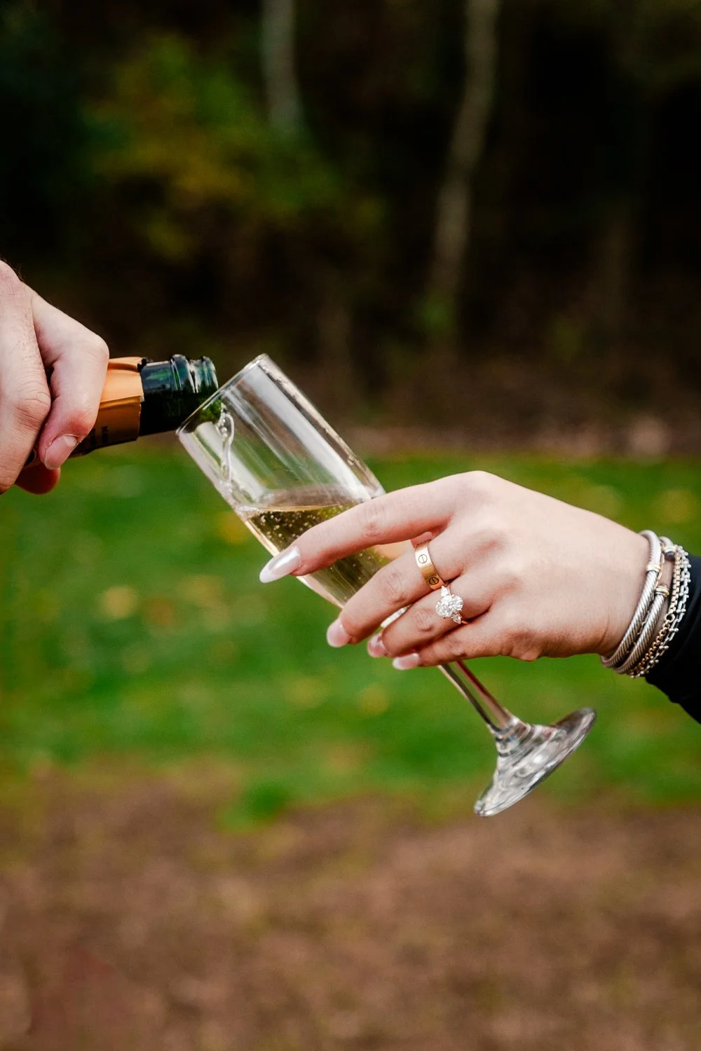 Person pouring champagne into a flute glass held by another person outside in a lush green area.