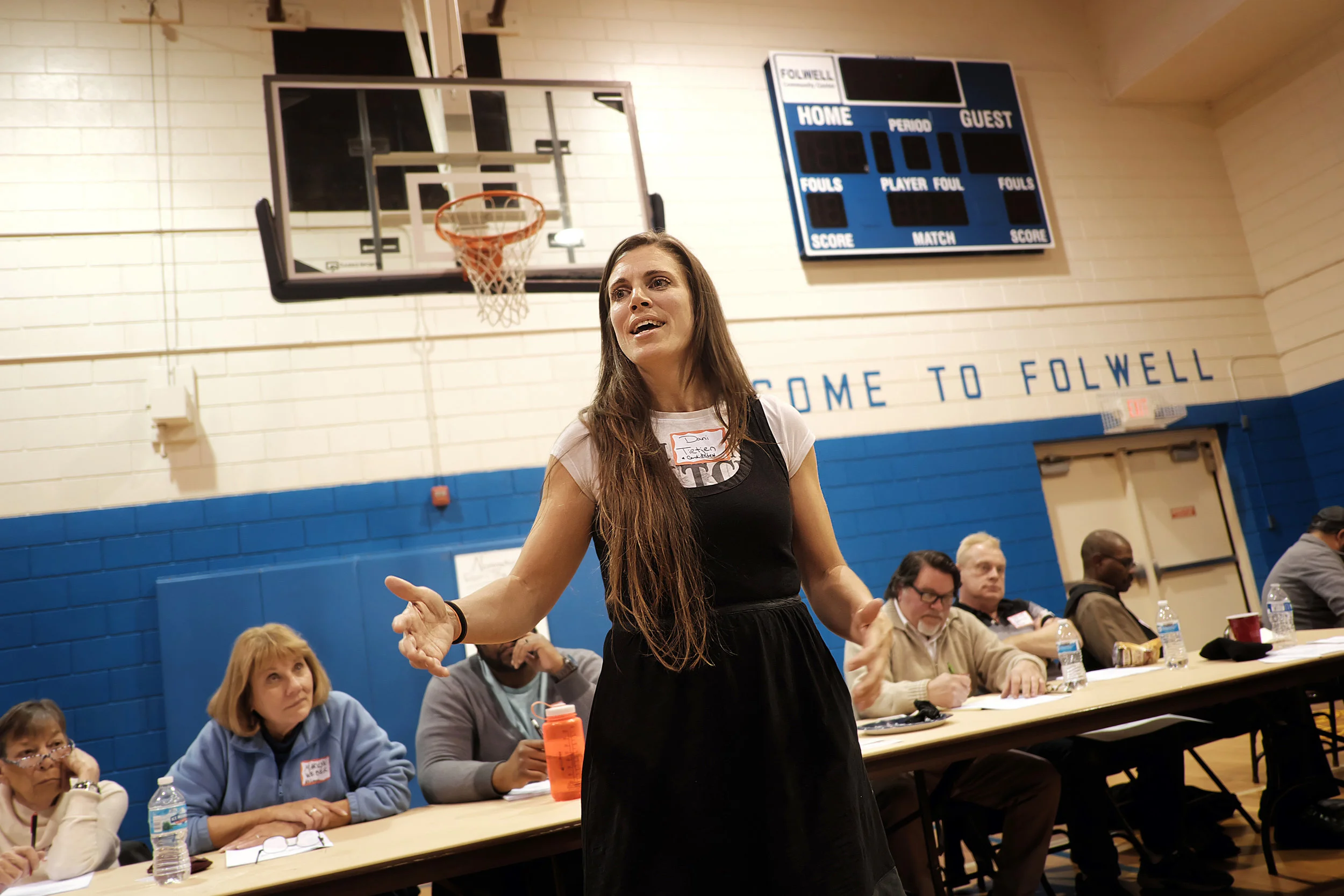 Tietjen, a Folwell Neighborhood Association board member, speaks to the crowd of over 100 people who attended the association's annual meeting on Nov. 13. Photo by David Pierini.