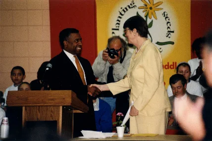 US Attorney General Janet Reno visited the Hawthorne Huddle on April 21, 1999. Photo courtesy of the General Mills Archives.