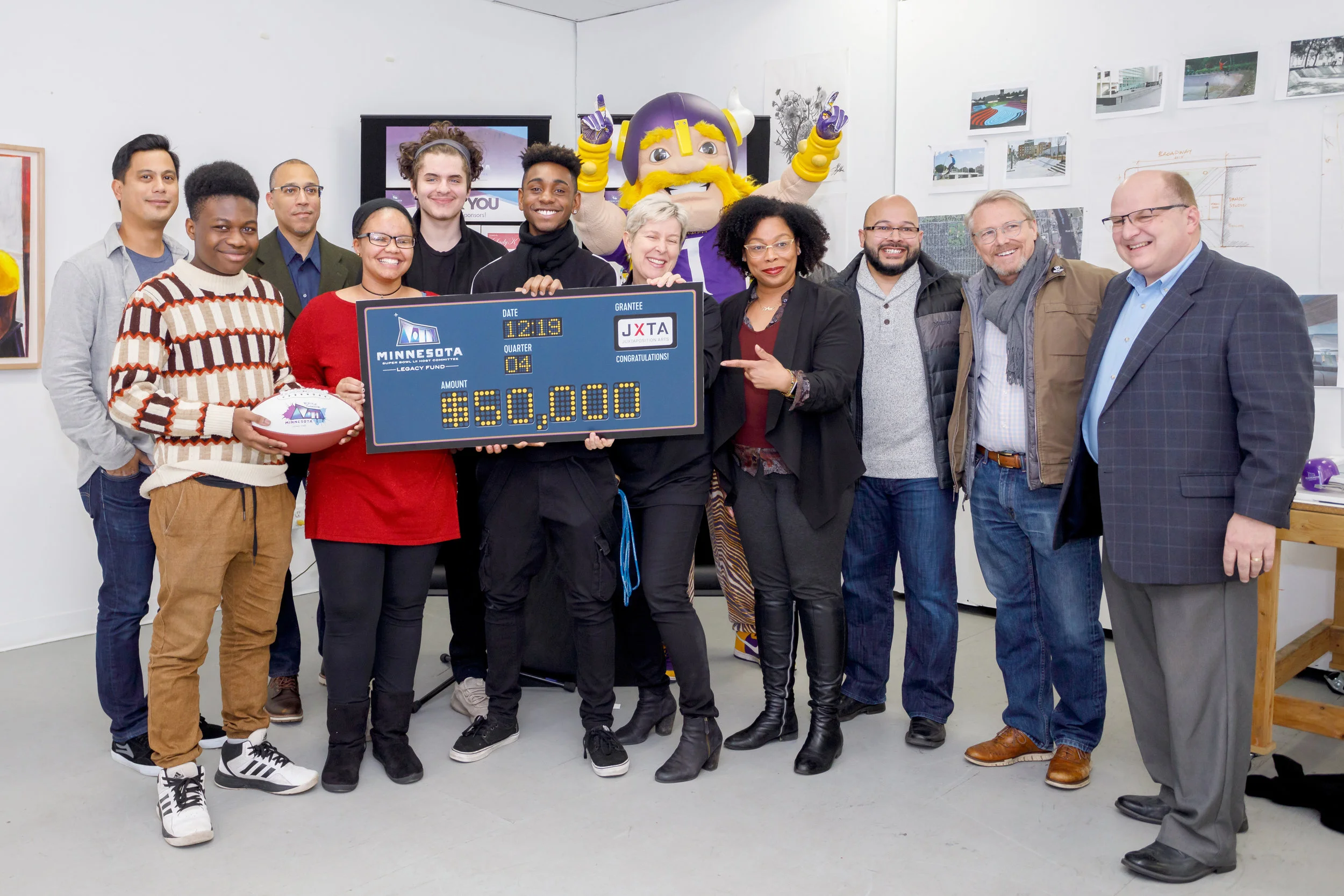 Juxtaposition Arts receives their $50K grant from the Minnesota Super Bowl Host Committee Legacy Fund. Photo courtesy of Steffenhagen Photography