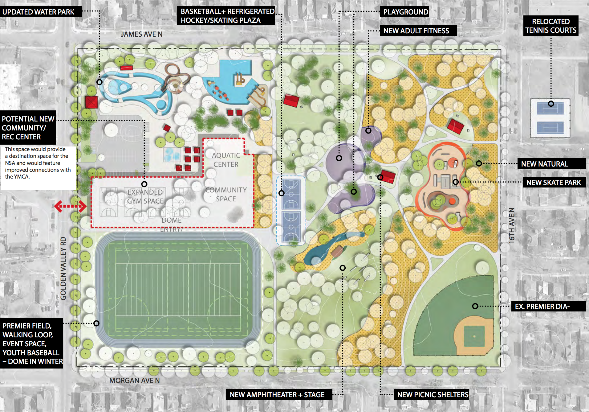 Future visions like this one for North Commons Park are currently being created for neighborhood parks on the Northside. Rendering from MPRB