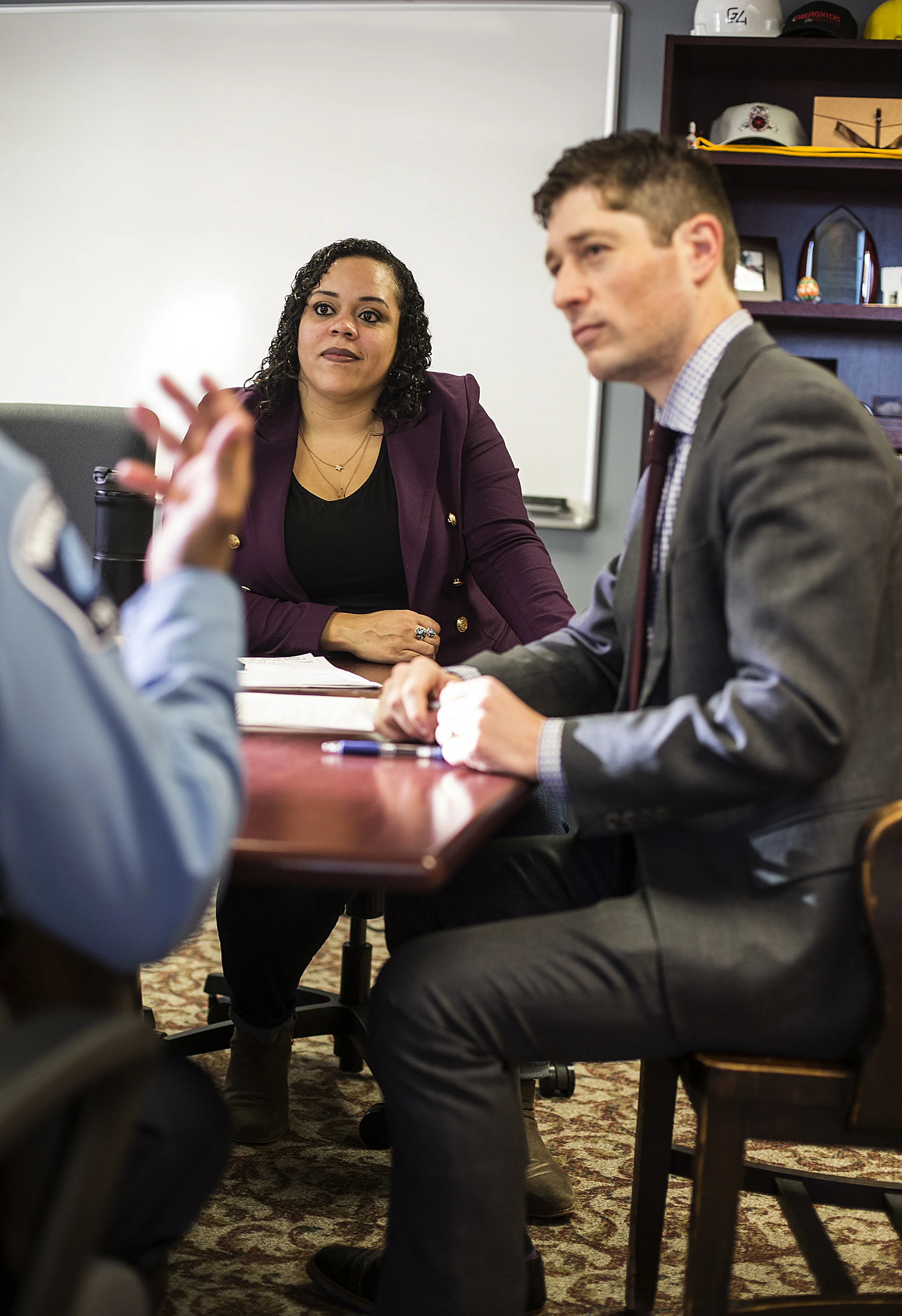 Jen White and her boss, Mayor Jacob Frey, meet with Minneapolis Police Chief Medaria Arradondo.