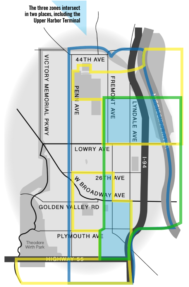 The boundaries of each of North Minneapolis’ zones overlap. Here, green lines indicate the green zone, yellow represents the opportunity zones, and blue showcases the Promise Zone. Illustration by Emily Ronning