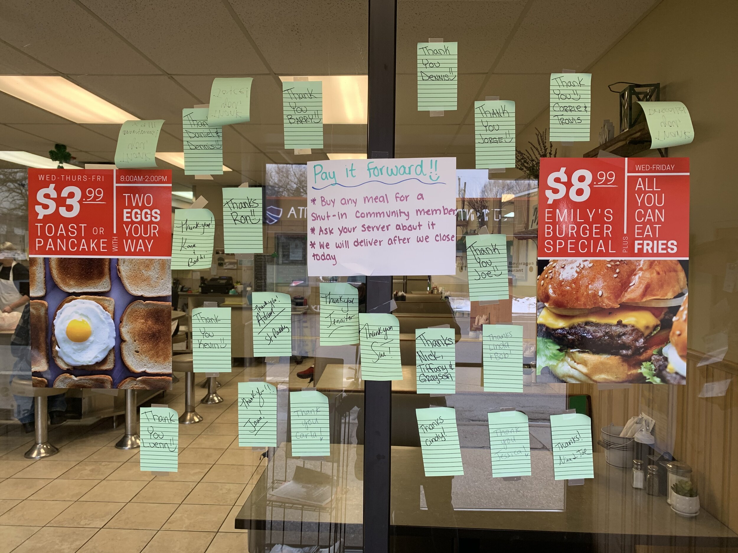  Over the weekend of March 14, Emily’s F&amp;M Cafe patrons started purchasing extra meals for those in need during the COVID-19 pandemic. The cafe’s thank you notes to the donors now decorate the entrance to the cafe.&nbsp; Photo by Kenzie O’Keefe  