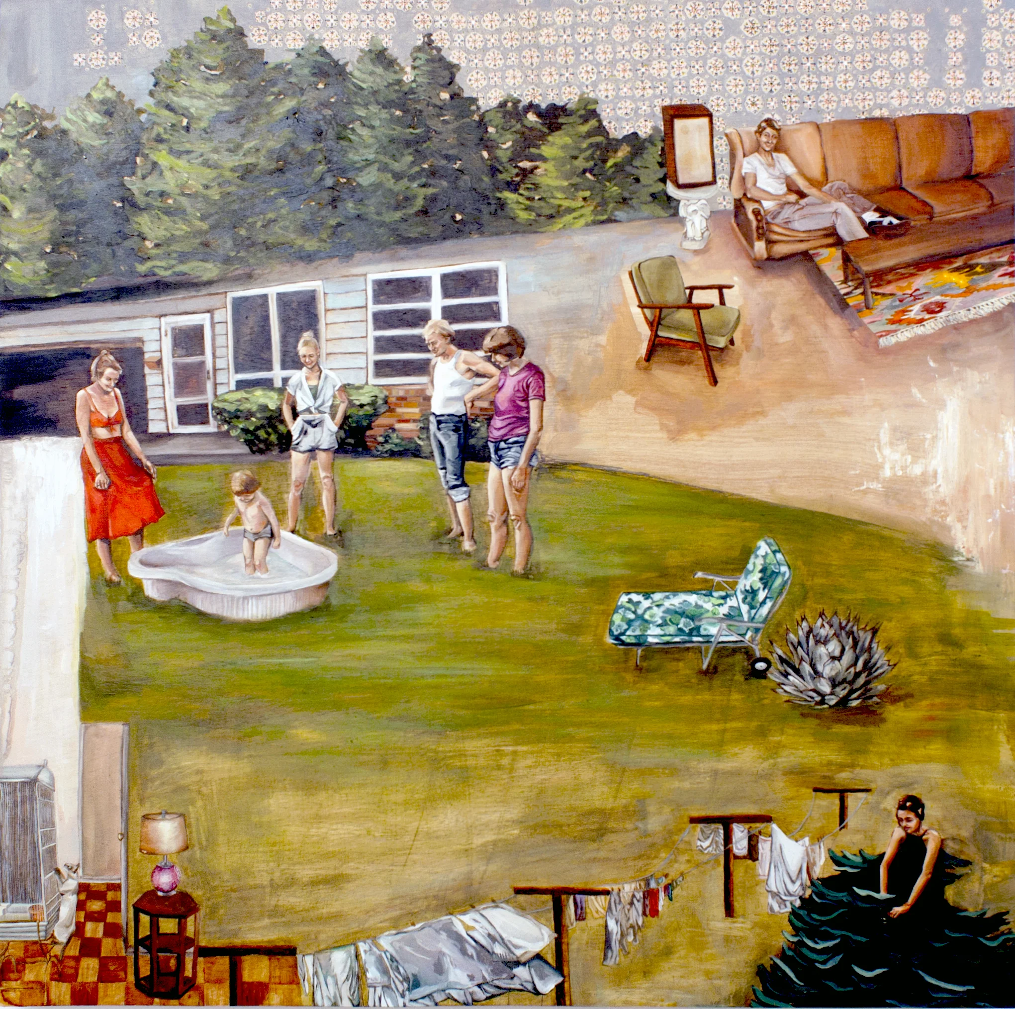 Casual Party watercolor, oil, and oil pastel on wooden board 24" x 24" 2016