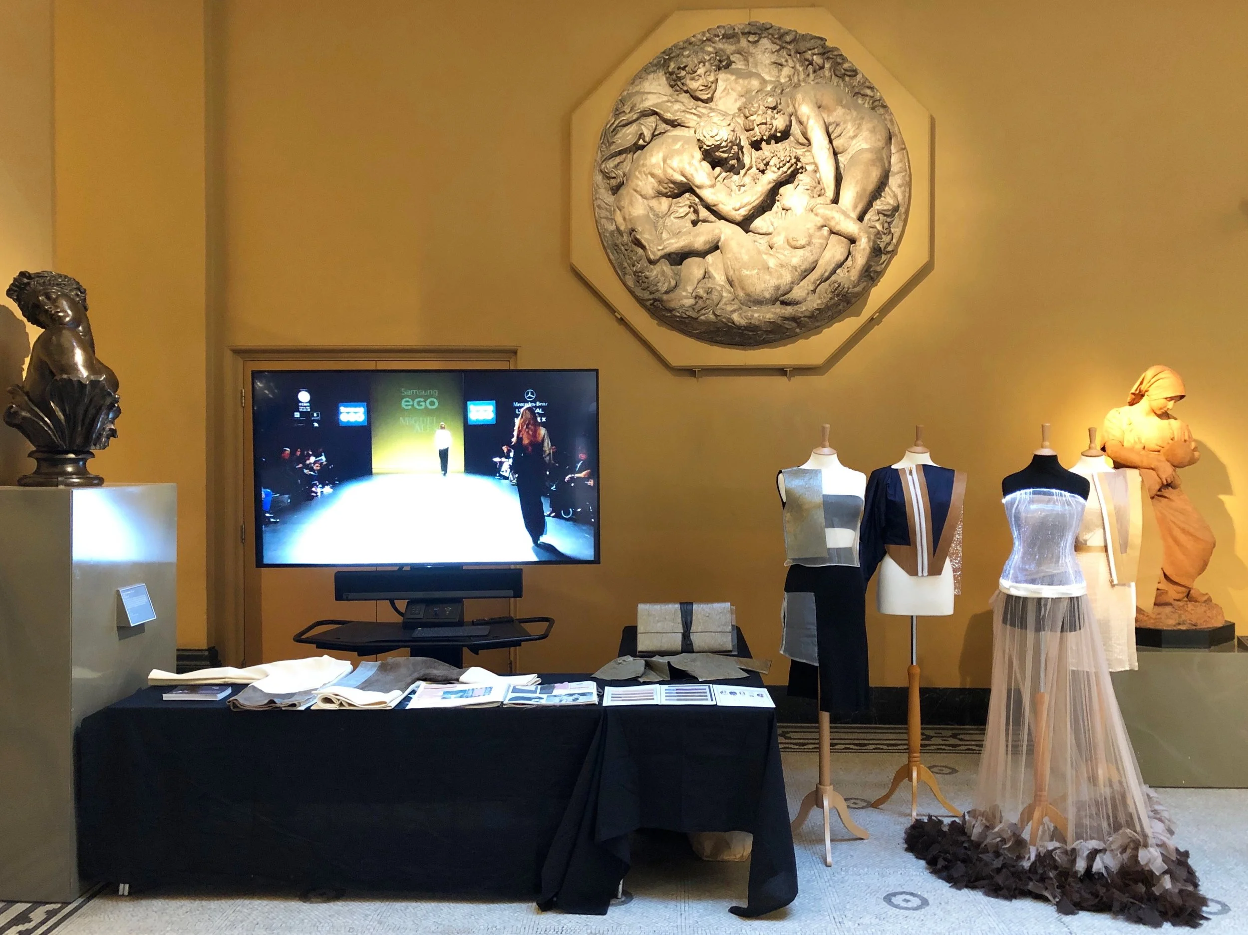 I curated a pop up for the Fashioned by Nature exhibition at the V&A within the galleries. I featured a display of technical fabrics and fashion designs by Miguel Alex.