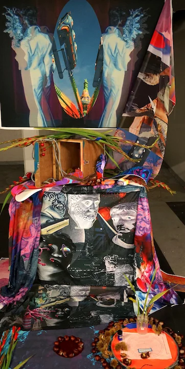 Altar to Circe @2018.. PROTOCOL exhibition. I created an altar to Circe, who amongst other things, had the power to turn sailors into pigs, Silk, Gladiolas, chestnuts, scientific glass beakers, wooden box, chestnuts, swimming badges, reflective rope, map, chestnuts, pigments, Ziggy stardust bolt.