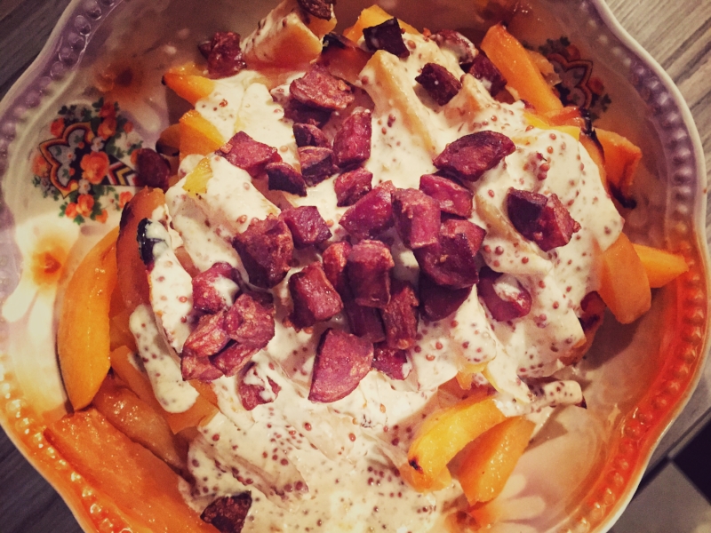 When an hors d'ouevre becomes an official side dish: Maple Roasted Turnips with Mustard Cream and Chorizo for every Potluck over the Holidays thanks to Leah Mojer's inspiration.