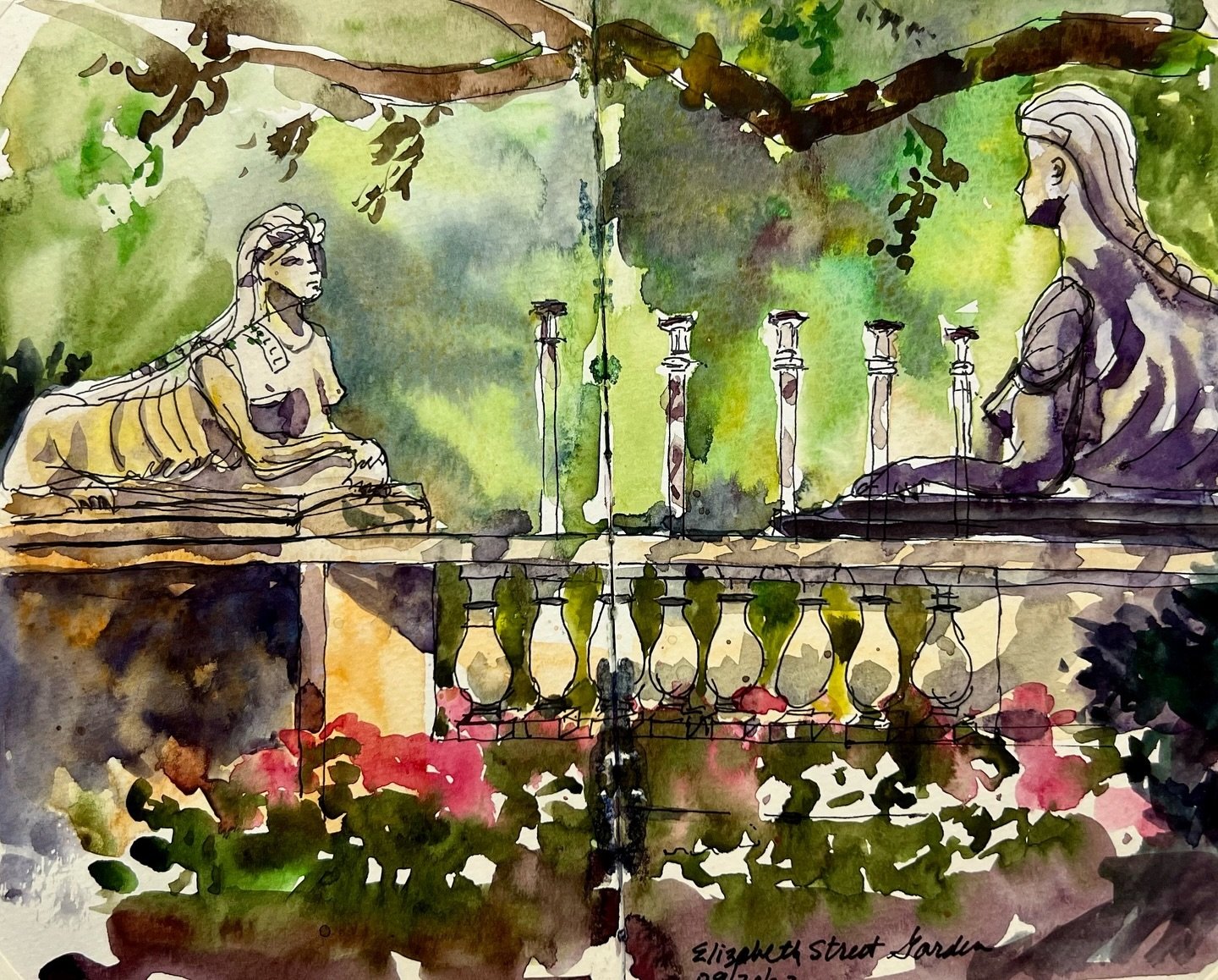 This weeks feature from our Call to Artists is an enchanting painting of our two Roman Sphinxes by @emilystedmanartist 

Submit your ESG-inspired work to art@elizabethstreetgarden.com #iArtESG 

#ElizabethStreetGarden #SaveESG