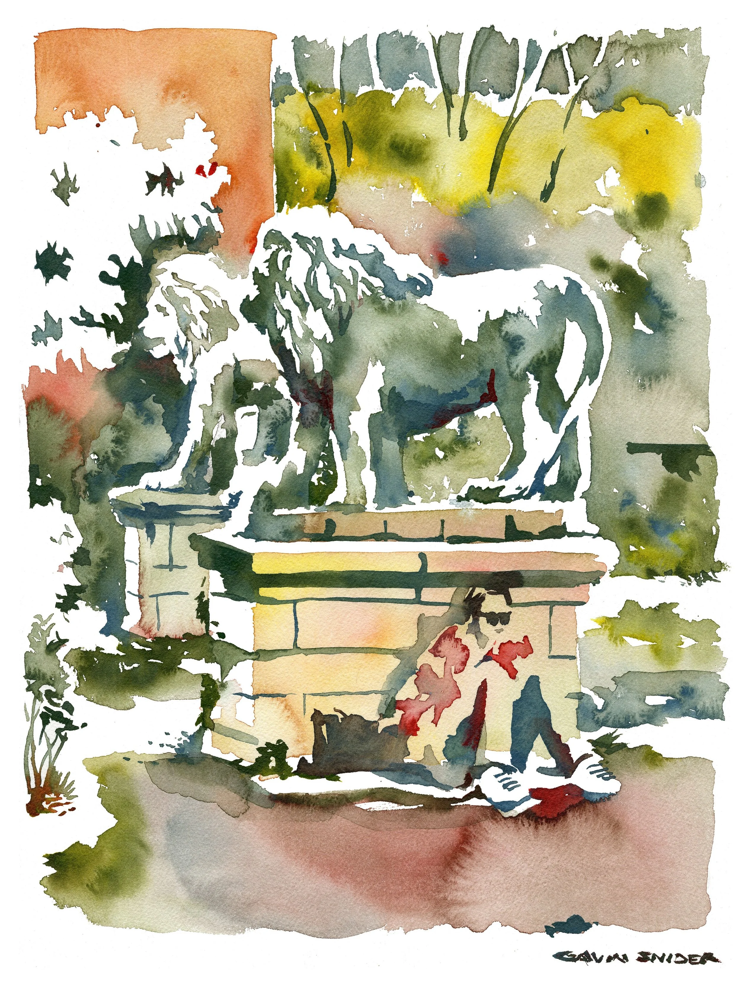 This week&rsquo;s featured work from our Call to Artists is a watercolor painting by @gavindedraw 

&ldquo;Step into Elizabeth Street Garden on a Saturday afternoon. Slip past the sphinx and the stone lions standing sentinel. Trees cast long shadows,