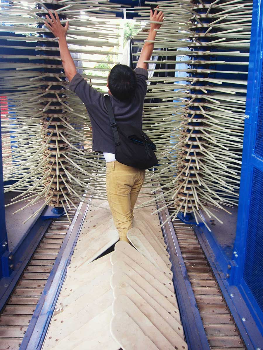 Joey Mah imitating a coffee tree going through a self-propelled mechanical harvester.