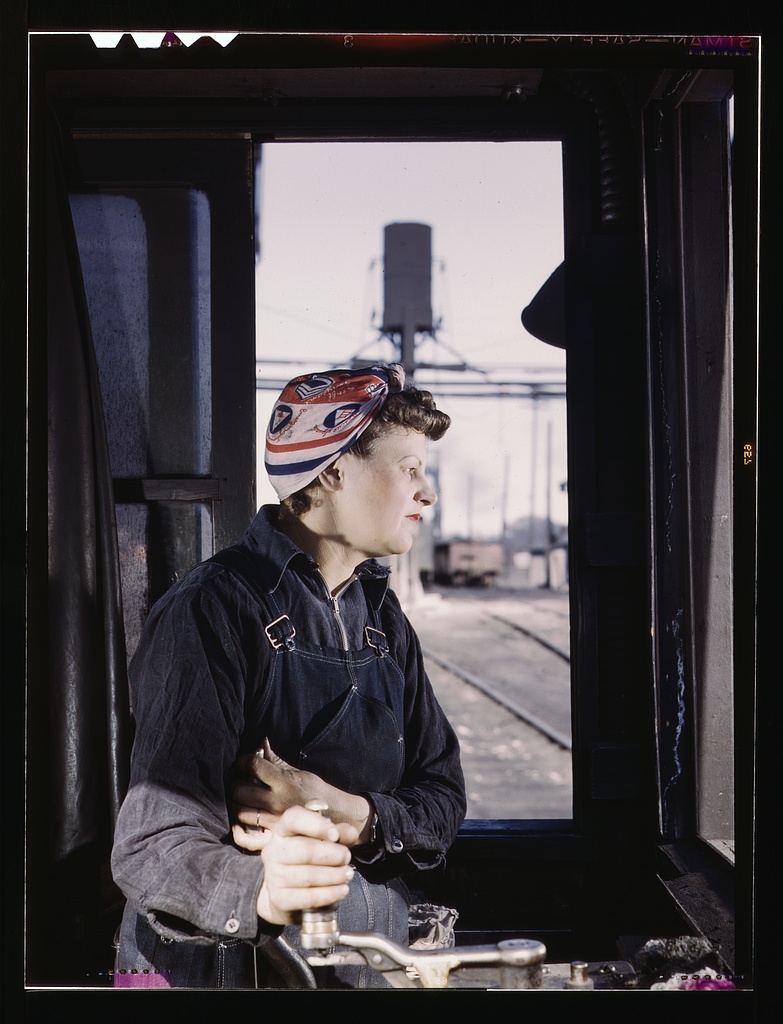 Chicago & North Western R.R. Cloe Weaver, employed as a helper at the roundhouse. She is learning to operate the turntable. Source
