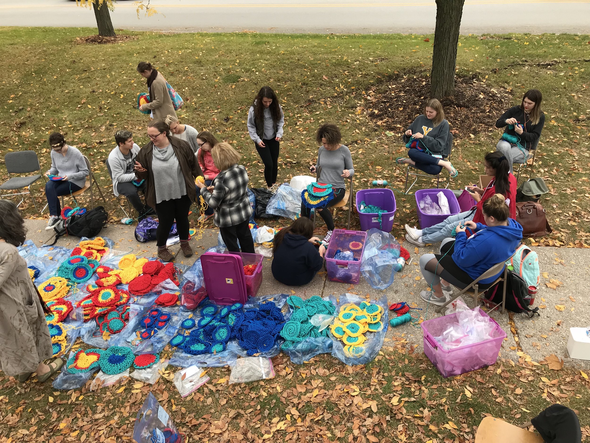 Installation at Augustana College, with students from the fiber sculpture class (photo courtesy of Carol Hummel)