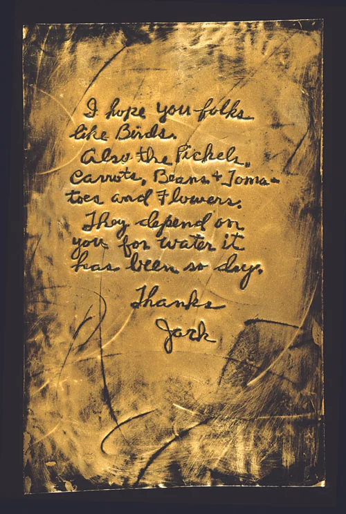Jack’s Birds, found note transferred to metal foil