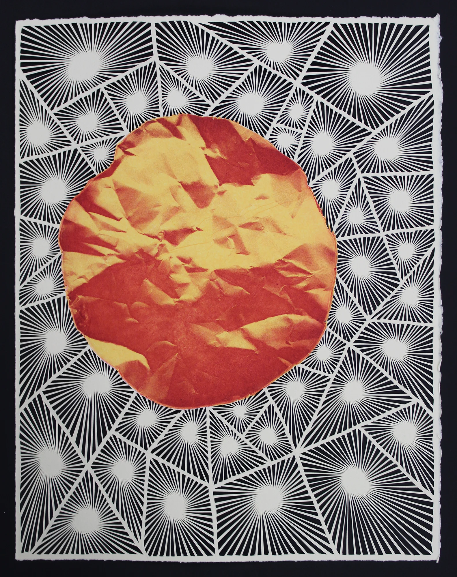 Red Giant Laser intaglio etching w/ Chine Collé on white hand-cut paper 12” x 15” 2019