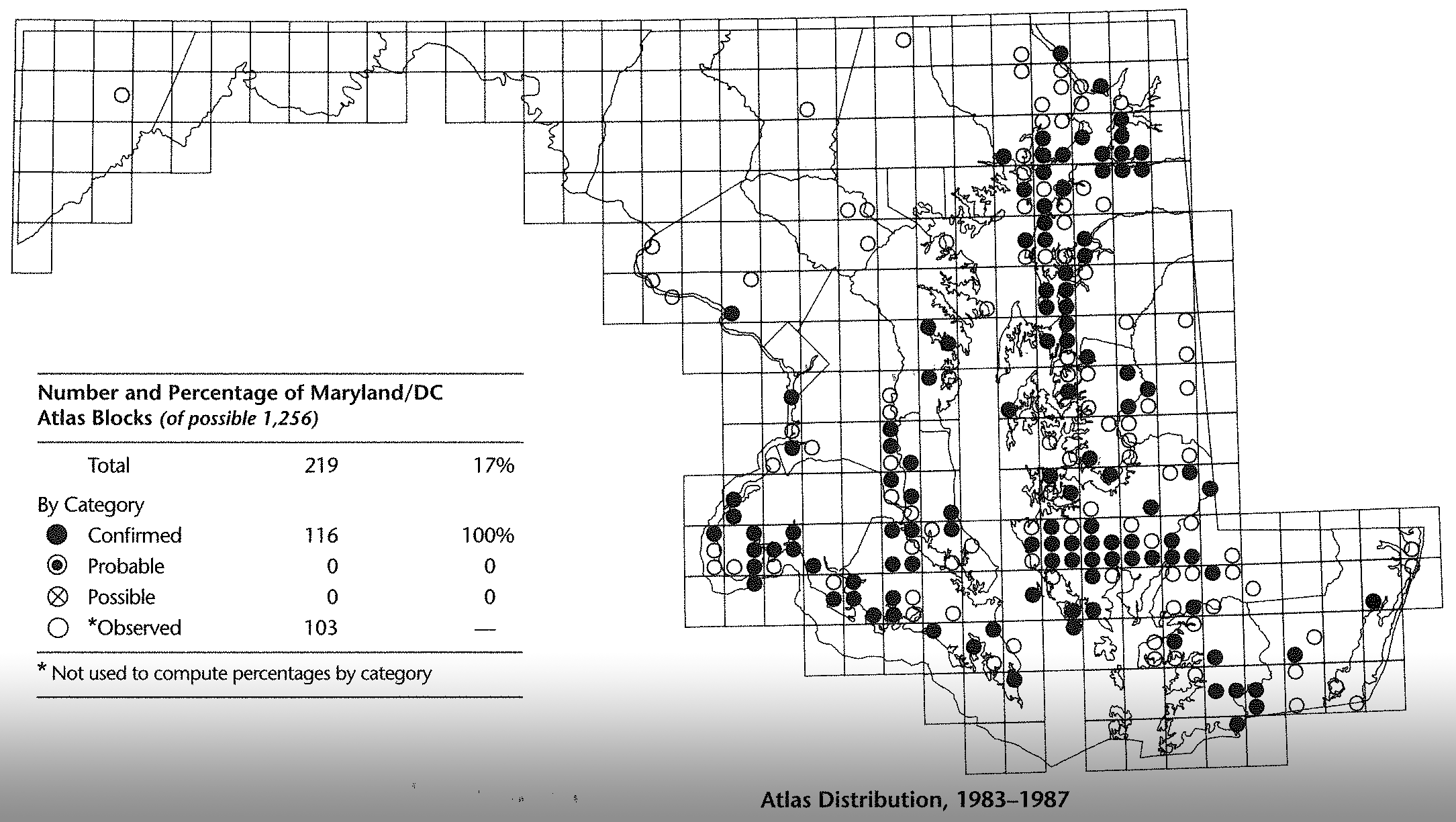 Breeding distribution of Bald Eagles in Maryland during the first Breeding Bird Atlas, 1983-1987.
