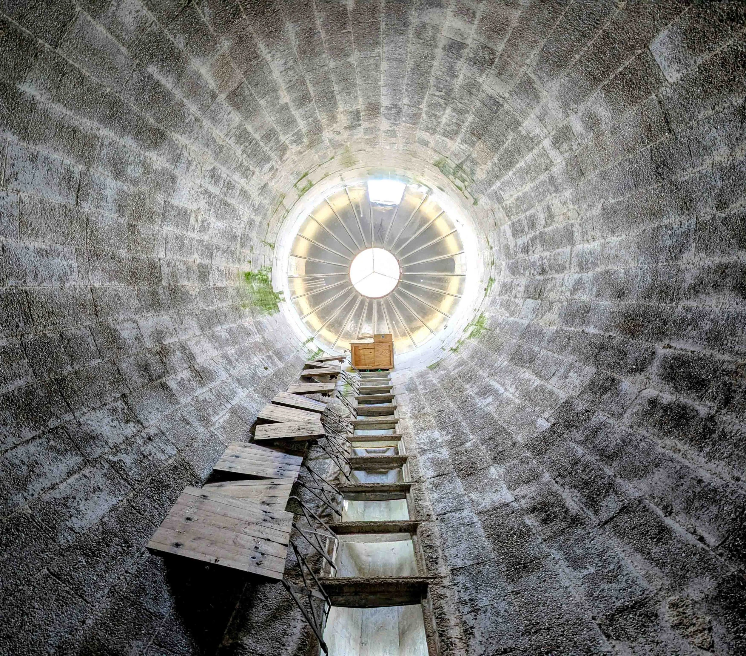 A barn owl nest box installed inside and at the top of an unused grain silo. Photo by Michelle Huston.