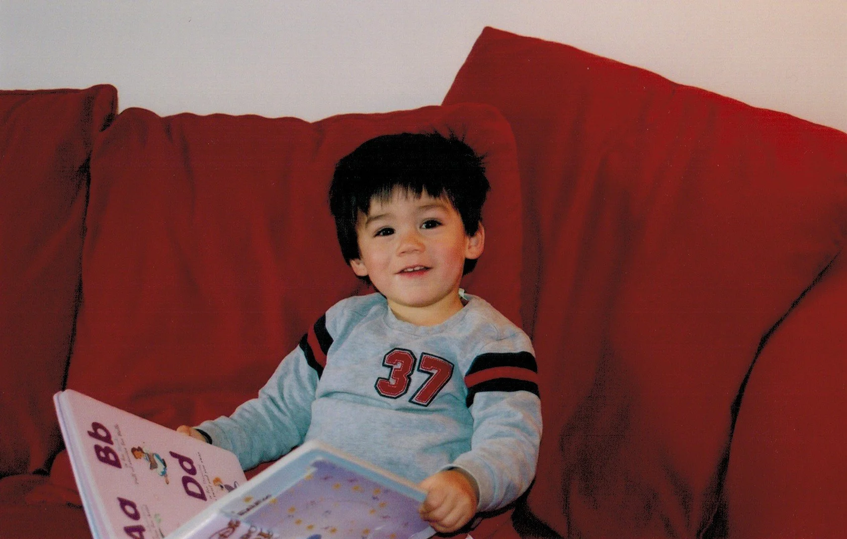A young boy with dark hair sits on a red couch while reading a book on phonics.