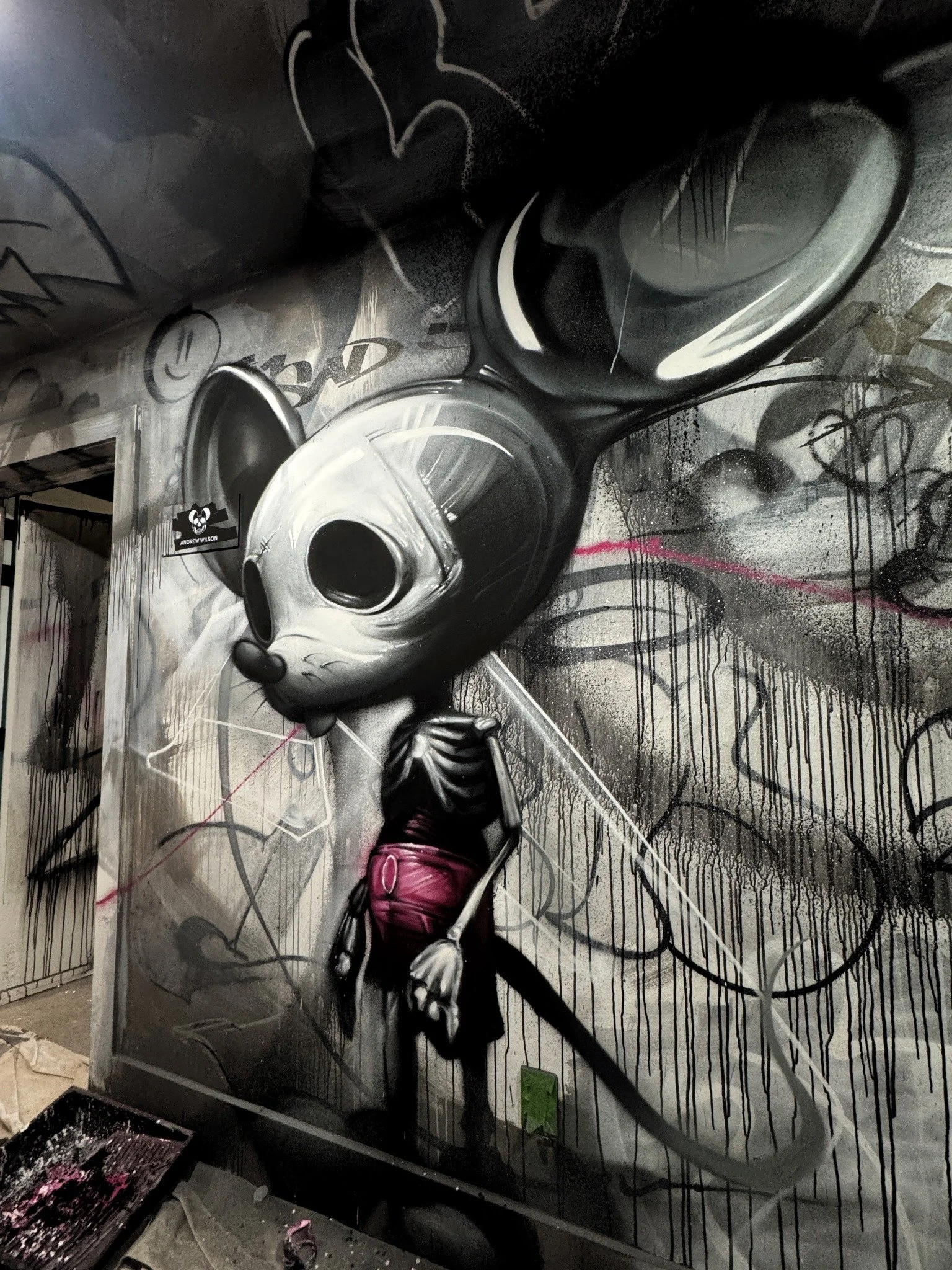 Black, white and pink interior mural — skeletal cartoon character.