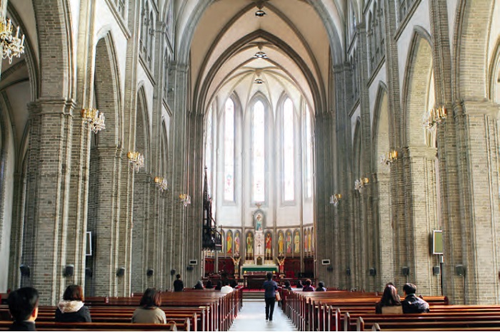 The interior of Myeongdong Cathedral in Seoul