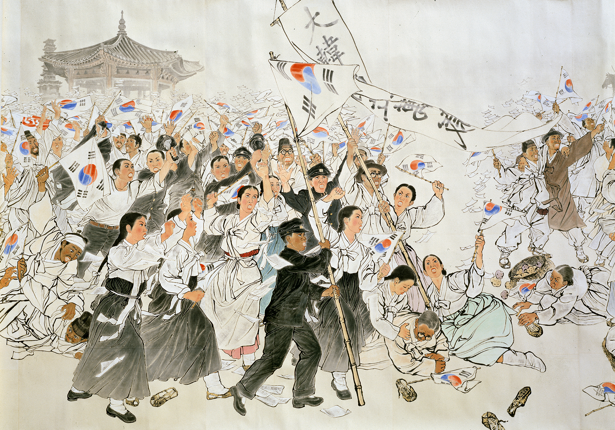  Suh Se-ok.  The March 1st Independence Movement (detail 1)   Korea, 1986. Ink and color on mulberry paper. 776.6 x 127.2 in (1972.5 × 323 cm). 