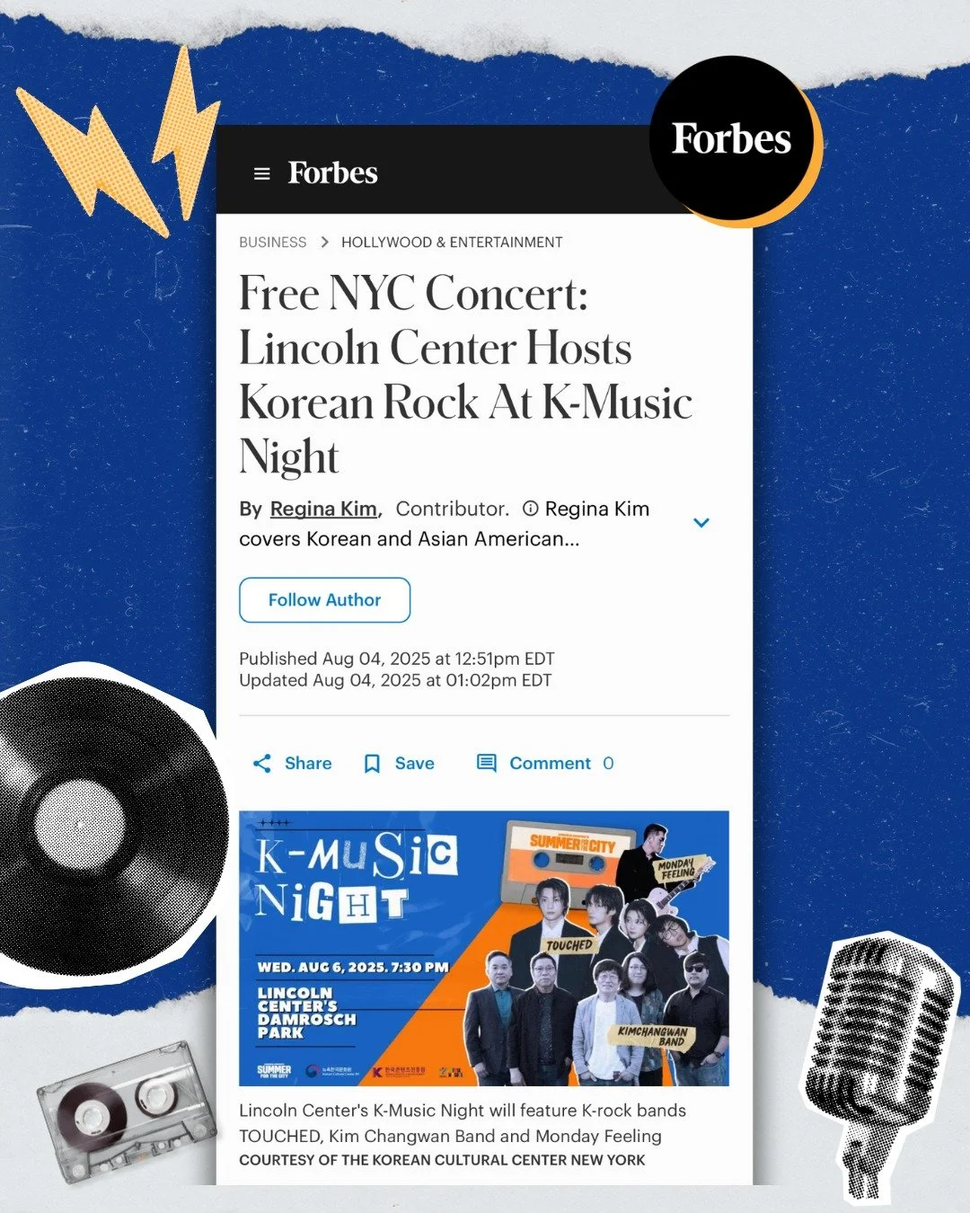 🎸 K-MUSIC NIGHT at Lincoln Center in Forbes!
We're thrilled to see K-Music Night featured in @forbes by journalist Regina Kim @curious_idealist ! 🙌

This Wednesday, August 6 at 7:30 PM, Damrosch Park at Lincoln Center will come alive with the power