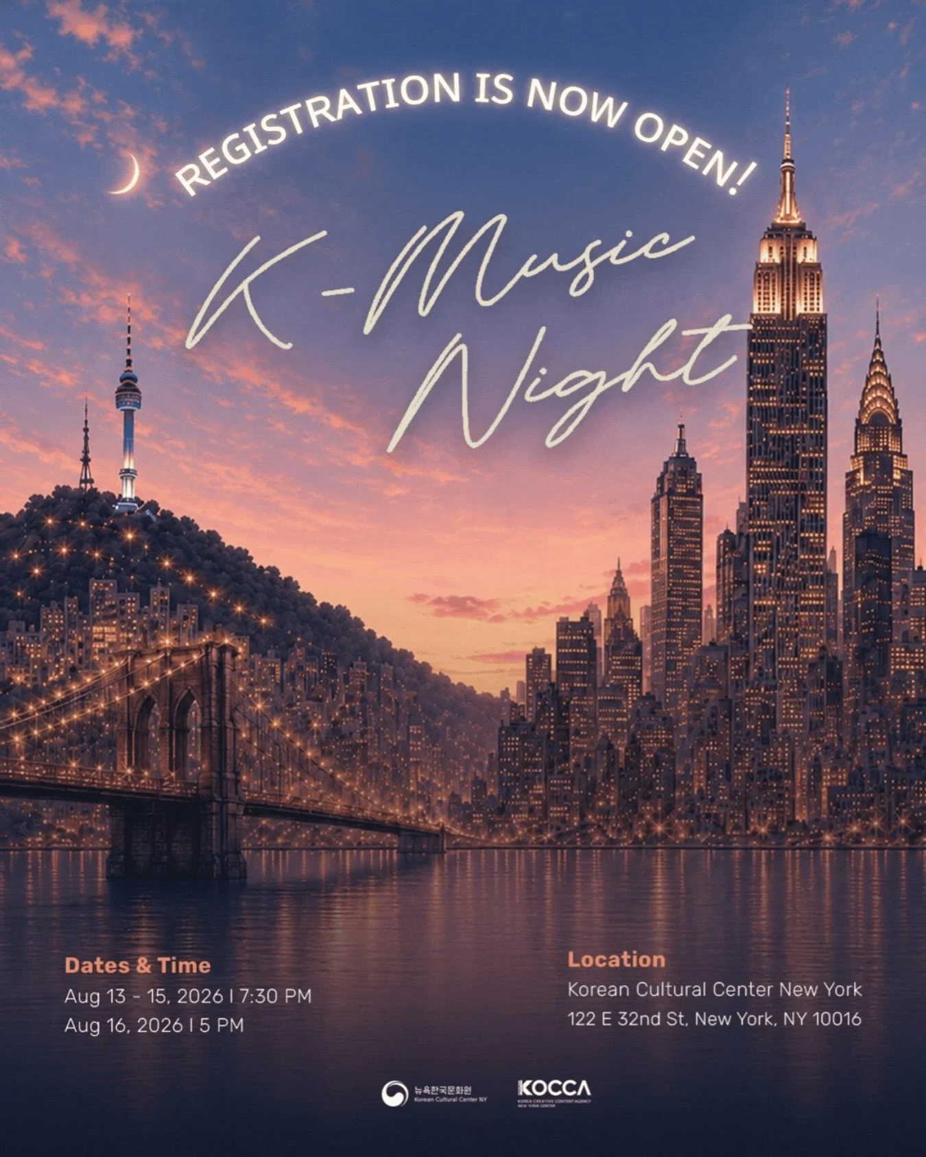 🚨NOW OPEN: Registration for K-Music Night 2026! 🎉🎶 

K-Music Night returns to KCCNY with four intimate nights of Korean music, featuring soulful voices, heartfelt storytelling, and meaningful audience connection. Join us for a summer concert serie