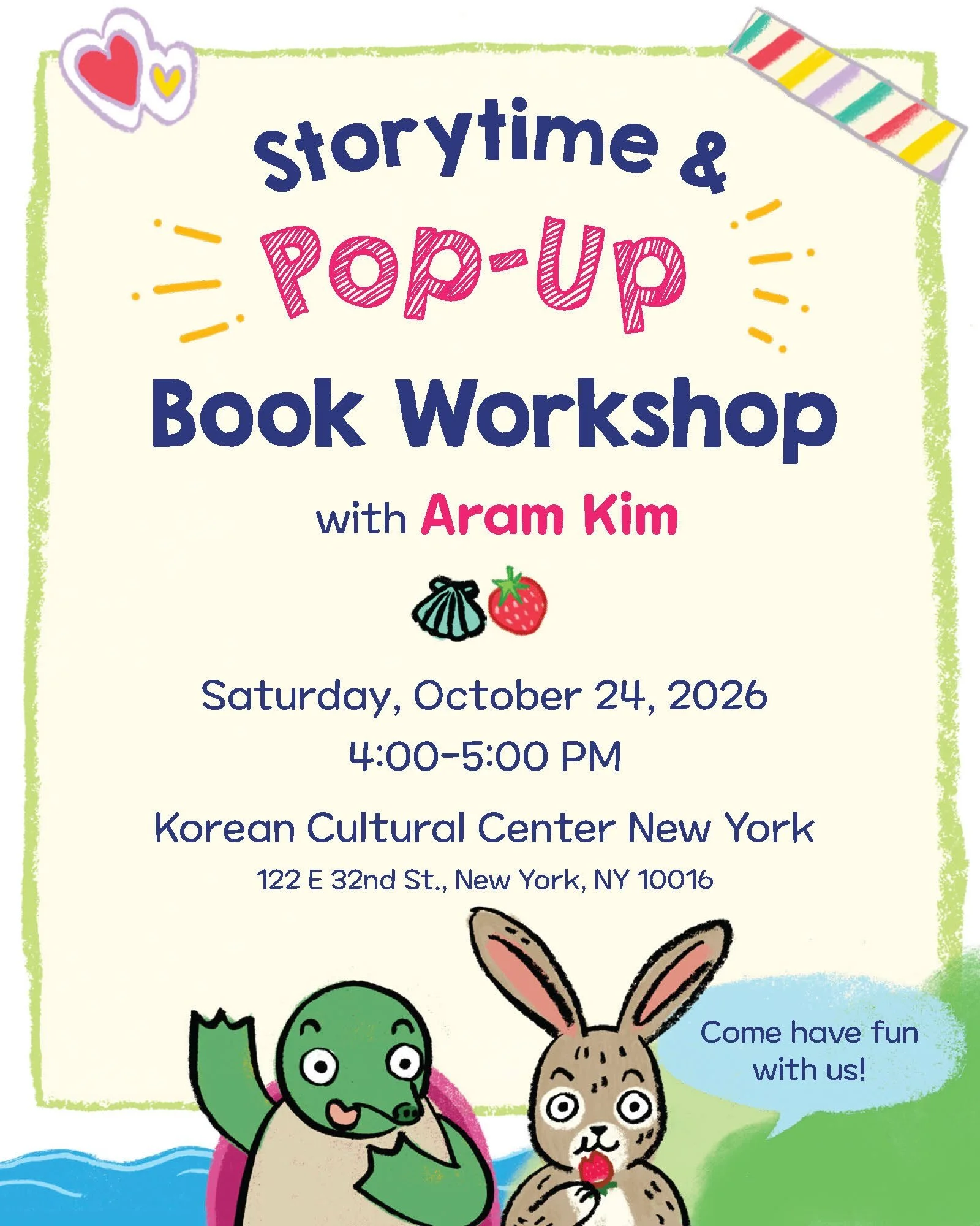 🐰Calling all young storytellers and artists!

Join award-winning author and illustrator Aram Kim for a special storytime and hands-on pop-up book workshop inspired by Tokki&rsquo;s Tricks, her playful retelling of the beloved Korean folktale Tokki J