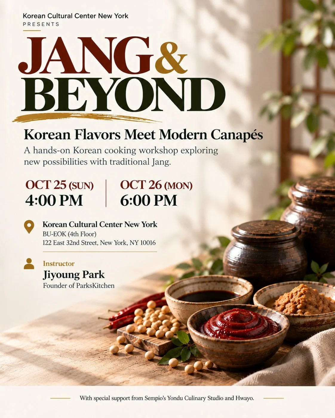✨ JANG &amp; BEYOND: Korean Flavors Meet Modern Canap&eacute;s

Korean Jang meets modern party bites!

What happens when Korea&rsquo;s traditional fermented sauces meet creative Western-inspired canap&eacute;s?

Join us at the Korean Cultural Center 