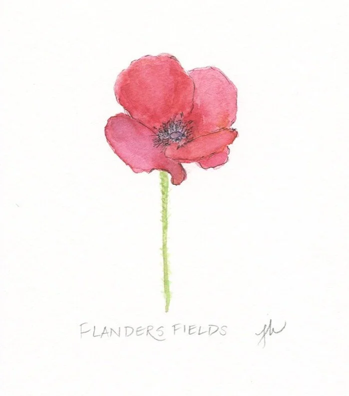 In Flanders fields, the poppies blow &nbsp;&nbsp;&nbsp;&nbsp;&nbsp;Between the crosses, row on row, &nbsp;&nbsp;&nbsp;That mark our place; and in the sky &nbsp;&nbsp;&nbsp;The larks, still bravely singing, fly Scarce heard amid the guns below.  We ar