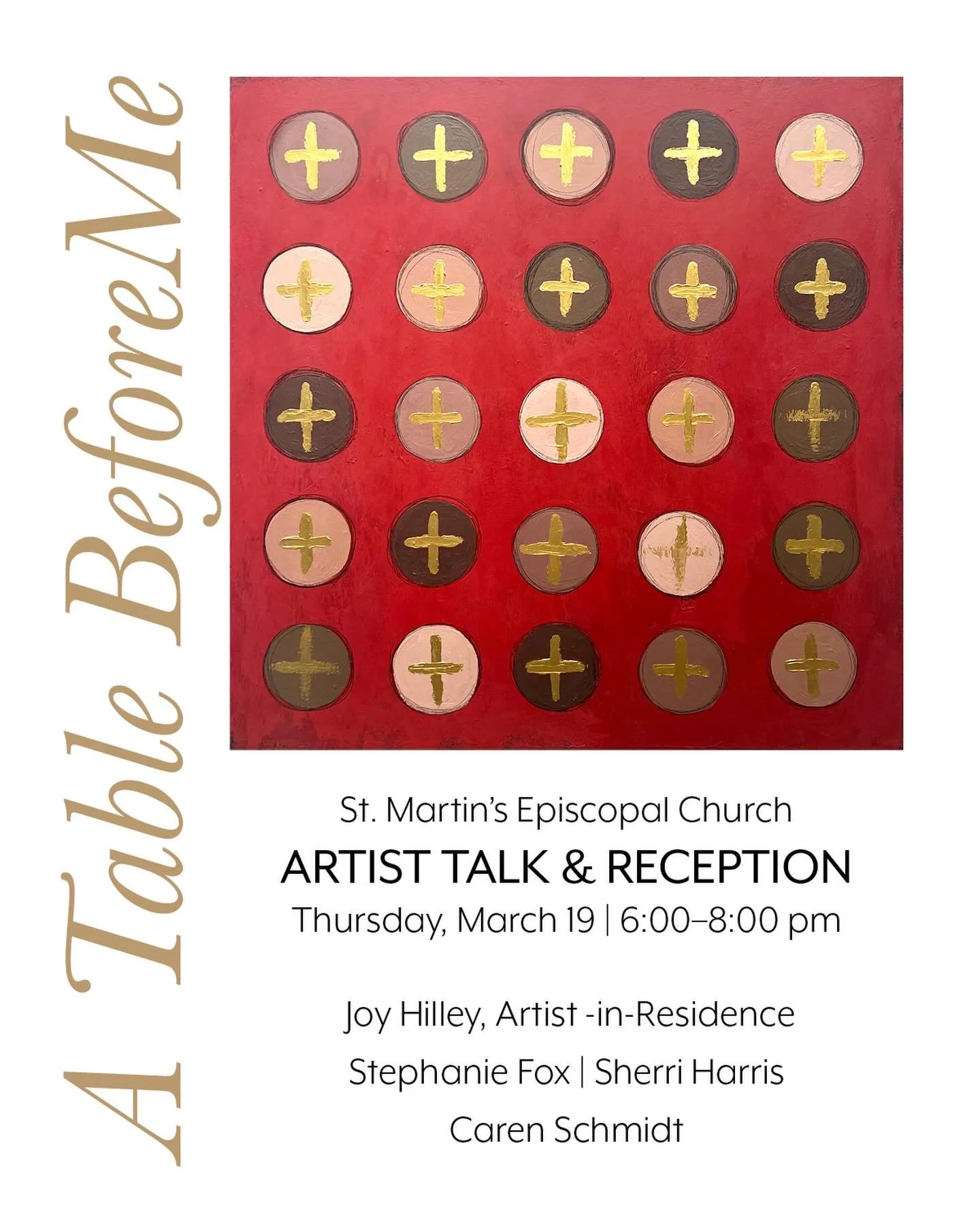 A Table Before Me 
Art. Mystery. Eucharist. 
Artist talk + reception

Come join us at St. Martin&rsquo;s as we journey more deeply into the heart of this sacred feast.

Meet the artists, hear the stories behind their work, and glimpse the creative pr