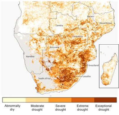 A UN-produced map highlighting the severity of the drought in southern Africa. (Source: UNOHCA)