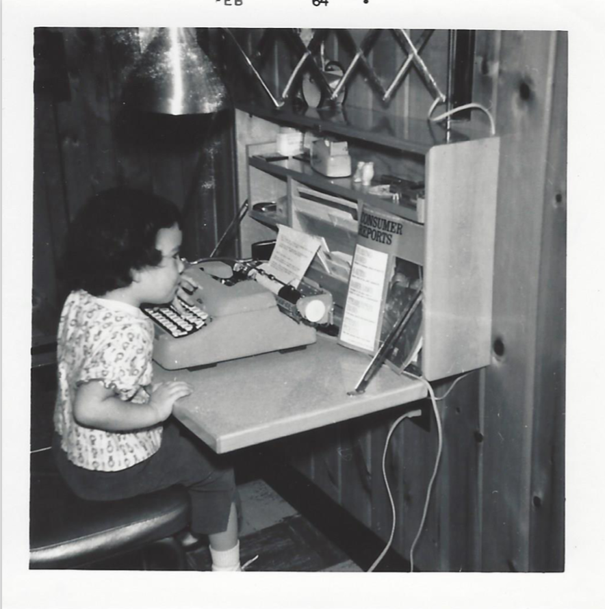 Here’s me the month I turned 4. Nothing says fun like copying sentences from Consumer Reports. Did we have no toys?